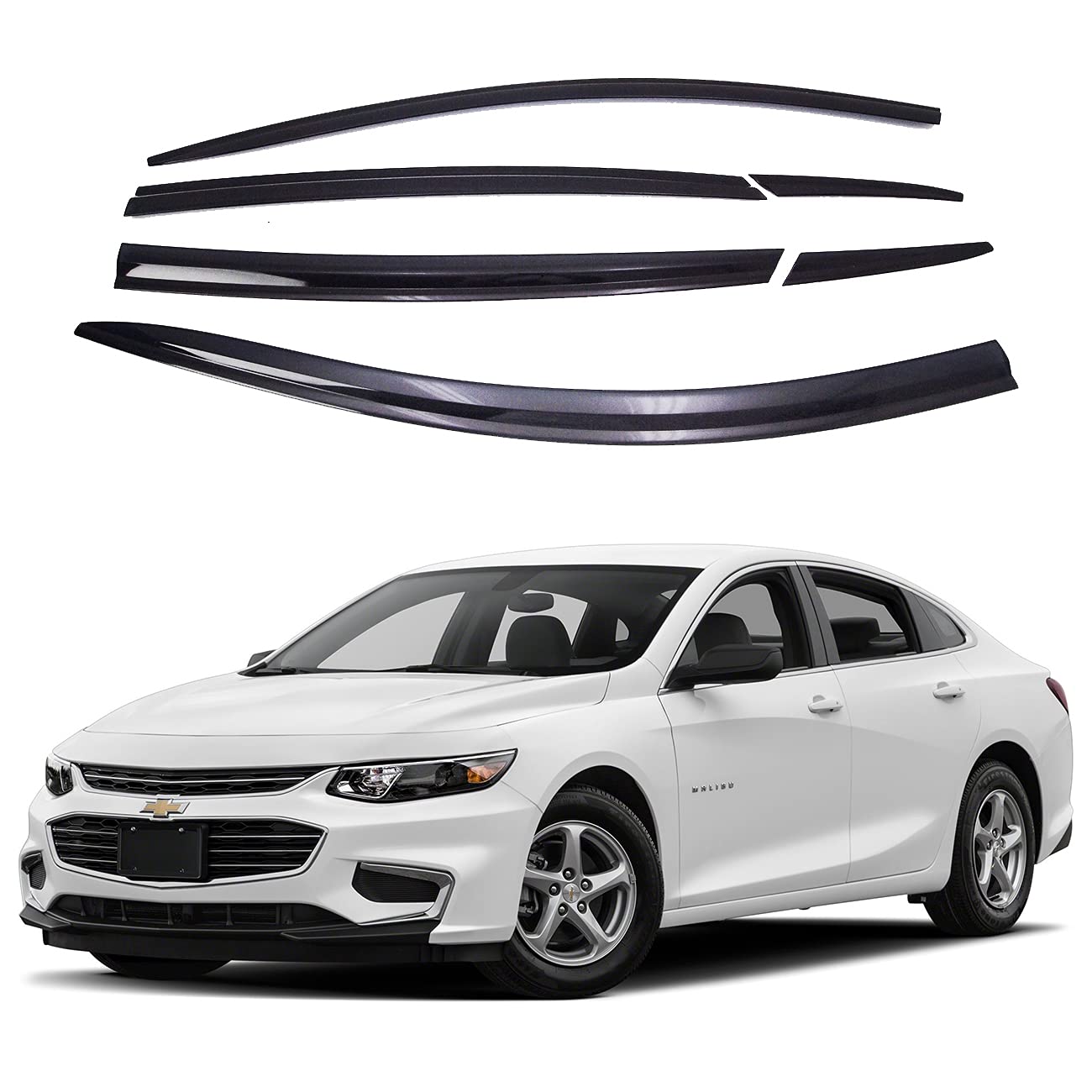 Autoclover Tape-On Rain Guards Window Visors 6 Pcs Set For Chevrolet Malibu 2016 2017 2018 2019 2020 2021 2022 2023 2024 / Window Deflectors, Out-Channel Vent Shades (Smoked)