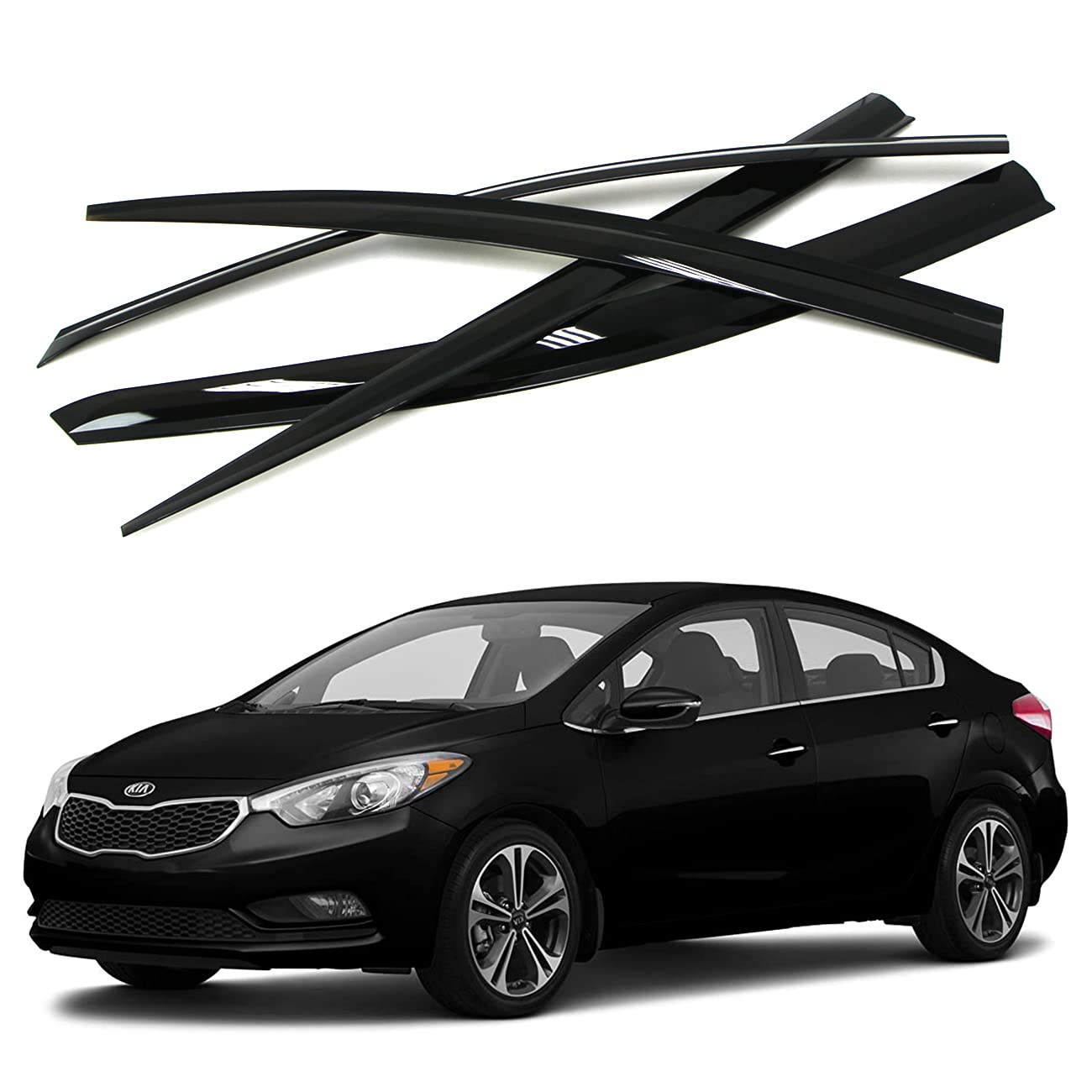 Autoclover Tape-On Rain Guards Window Visors 4 Pcs Set For Kia Forte/Window Deflectors, Out-Channel Vent Shades (Smoked 2014-2018)