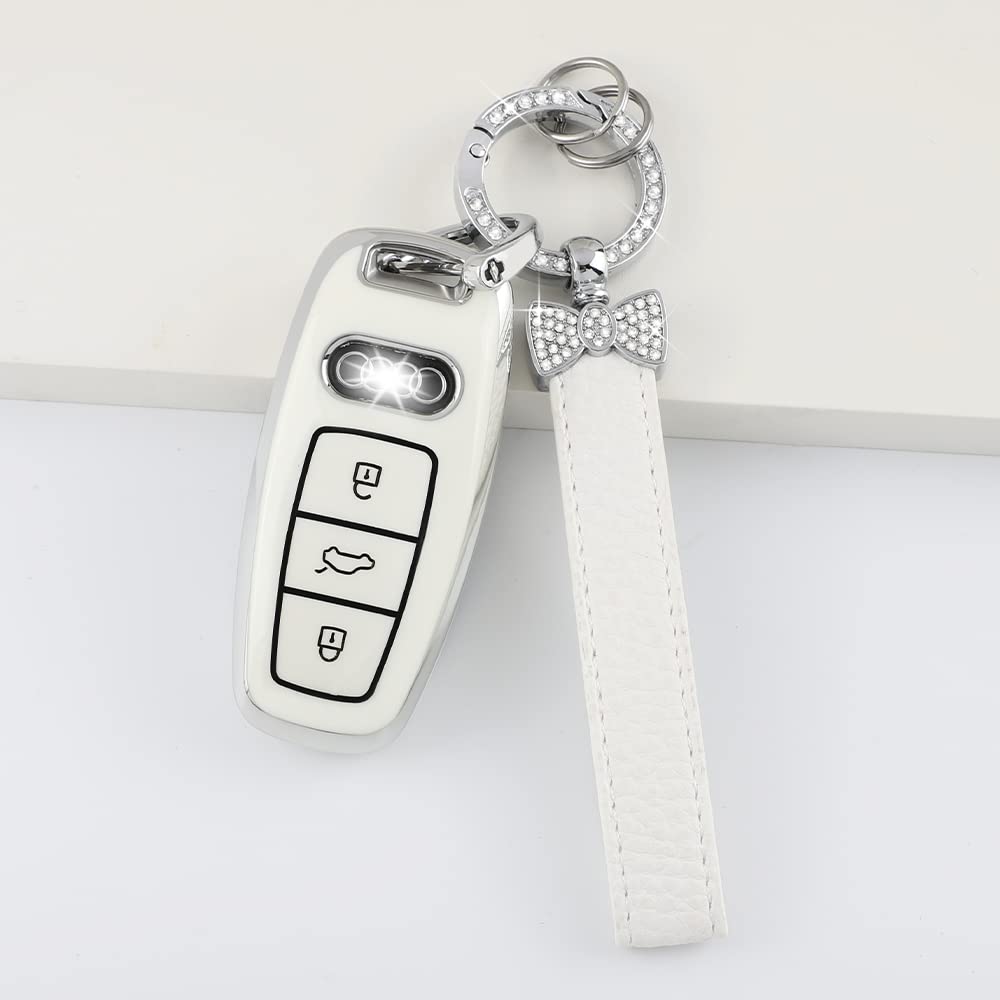 1797 For Audi Key Fob Cover Bling Keychain A6 A7 A8 Q7 Q8 S6 S7 Accessories Car Remote Case Shell Protector Girly Cute 3 Button White Silver Tpu