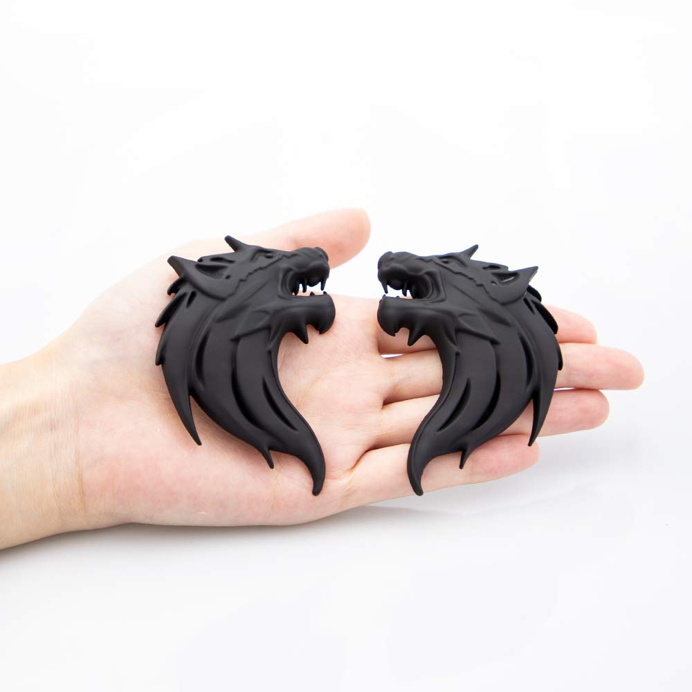 Carrun 2Pcs 3D Wolf Head Metal Emblem Car Motorcycles Side Fender Rear Styling Emblem Badge Decal (Black)