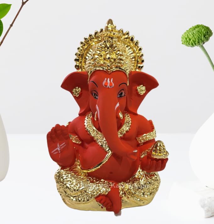 Electrum Kala Udyam Gold Plated Ganesha For Car Dashboard, Office Desk, And Festive Gifting (Goldorangemukut 3.5), Car
