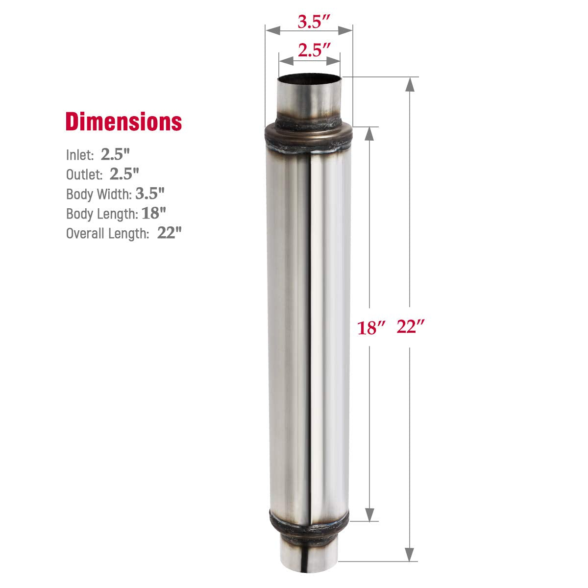 Upower 2.5 Inch Inlet Exhaust Muffler 2 1/2'' Resonator Muffler 3.5'' Round 18'' Body Length 22'' Overall Length Stainless Moder