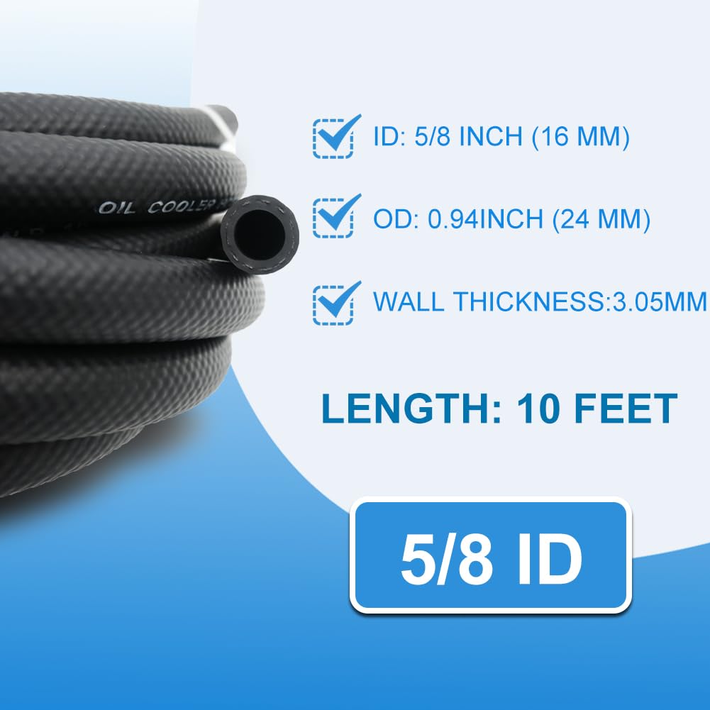 5/8 Transmission Oil Cooler Hose 10FT - SAE J1532 Certified, 300PSI High Pressure, Includes 10 Clamps for Leak-Free Fit (-40F to