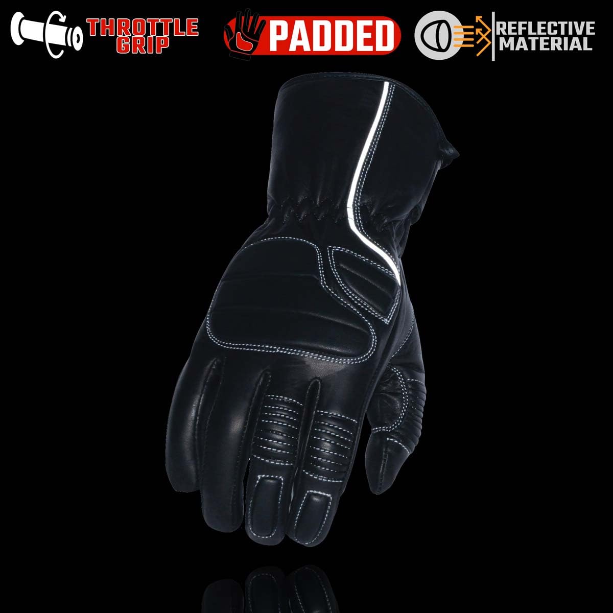 Milwaukee Leather SH607 Men's Black Leather Gauntlet Padded Back Racing Motorcycle Hand Gloves W/Reflective Piping. - Large