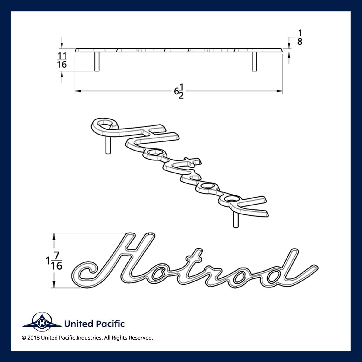 United Pacific S1001 Chrome Plated “Hotrod” Script Emblem w/Mounting Stud, Triple Chrome Plated, Stud Mounted, Universal Application – ONE Emblem
