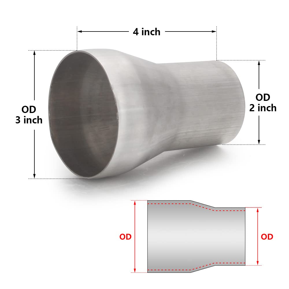 A-Karck Exhaust Adapter Connector 2'' Od To 3'' Od, Exhaust Pipe Reducer 4'' Overall Length 304 Stainless Steel