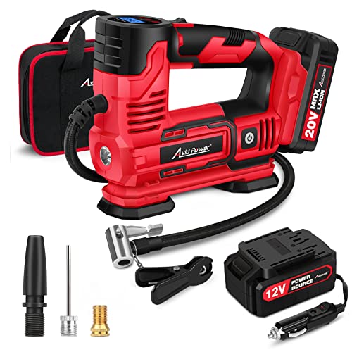 Avid Power Tire Inflator Portable Air Compressor, 20V Cordless Car Tire Pump W/Rechargeable Li-Ion Battery, 12V Car Power Adapte