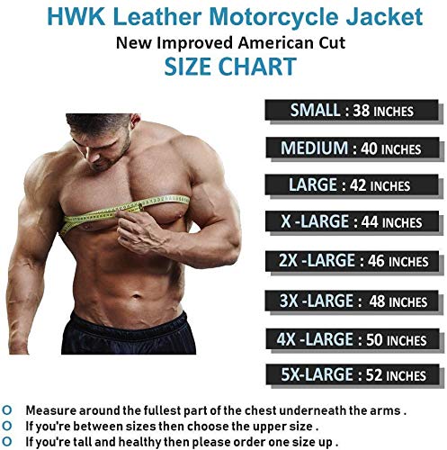 HWK Brando Leather Motorcycle Jacket for Men, Black, XX-Large, Genuine Leather, Removable CE Armor, Weather Resistant