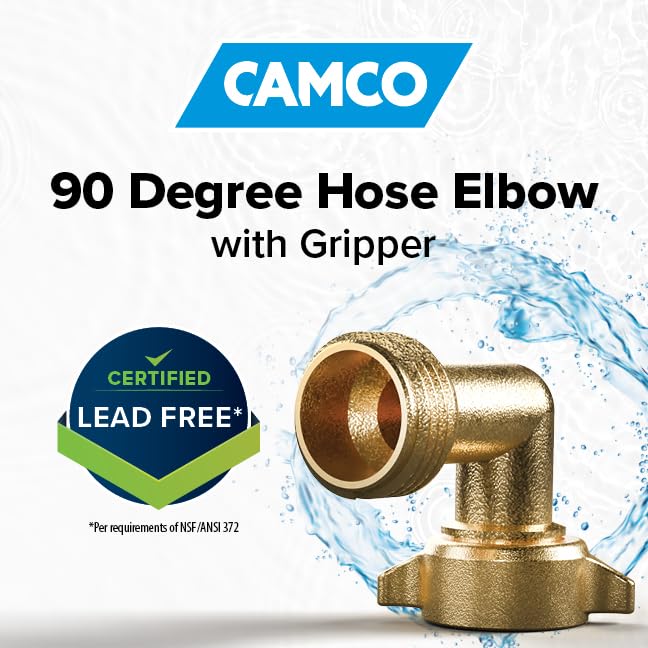 Camco 90-Degree Hose Elbow For Rvs - Solid Brass Construction- Certified Lead-Free - Features Convenient Easy Grip Connector - F