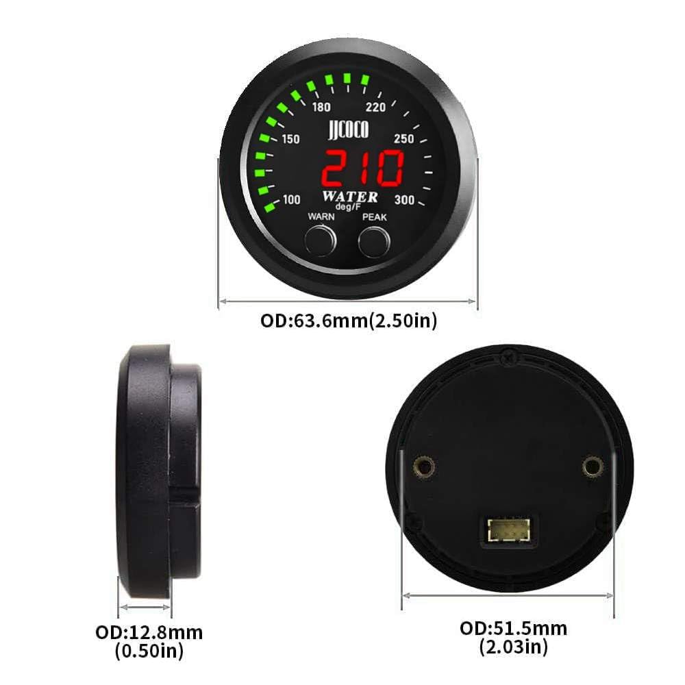 ZHSYMX Universal 52mm Water Temperature Gauge with Alarm and 1/8 Npt Sensor Car Digital Meter Red Display Green Ambient Light Te