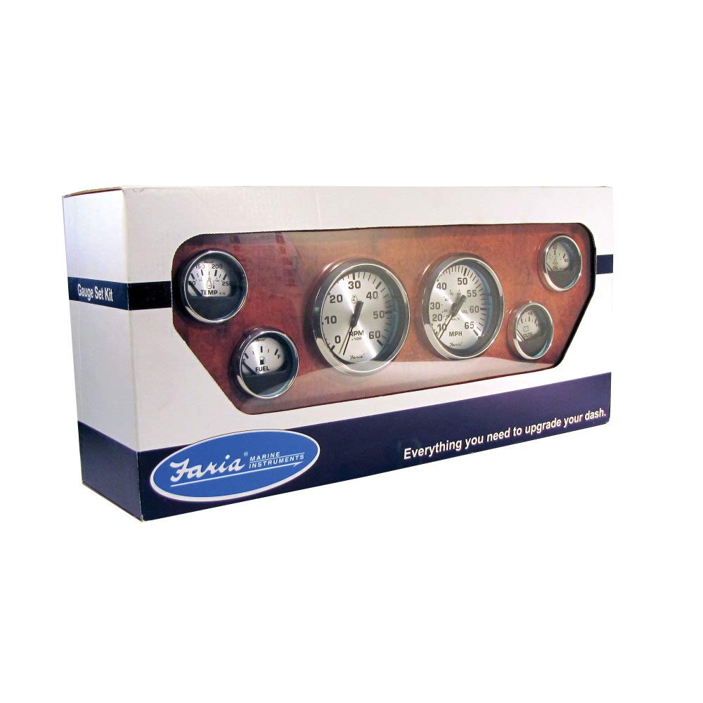Faria Beede Instruments Beede KTF0184 Spun Silver Inboard 6-Gauge Boxed Set - Speedometer/Tachometer/Fuel Level/Voltmeter/Water Temp/Oil PSI