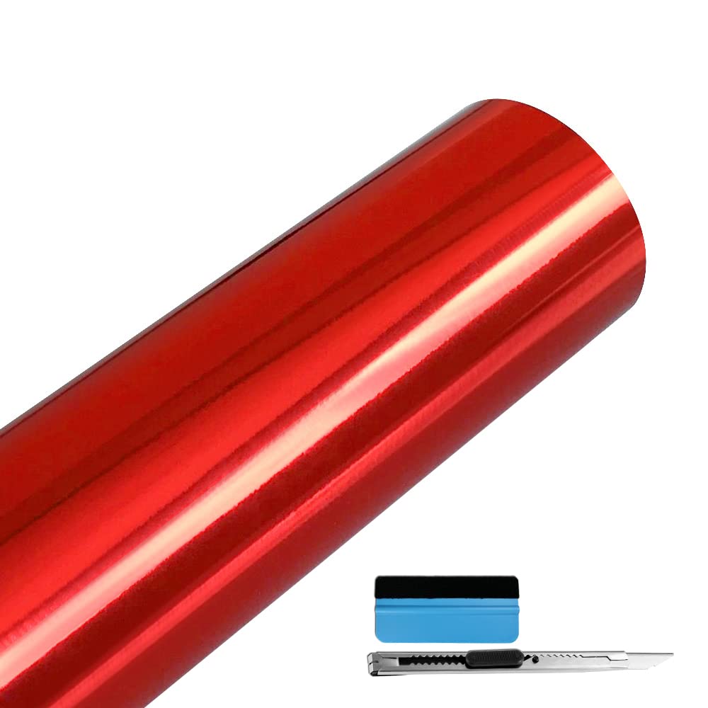 Lzlrun 1Ft X 5Ft Chrome Mirror Red Vinyl Wrap Adhesive Car Sticker Decal Film