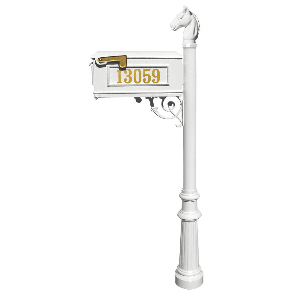 Lewiston Equine Mailbox Post System with decorative fluted base, horsehead finial and Gold Vinyl personalized numbers , White