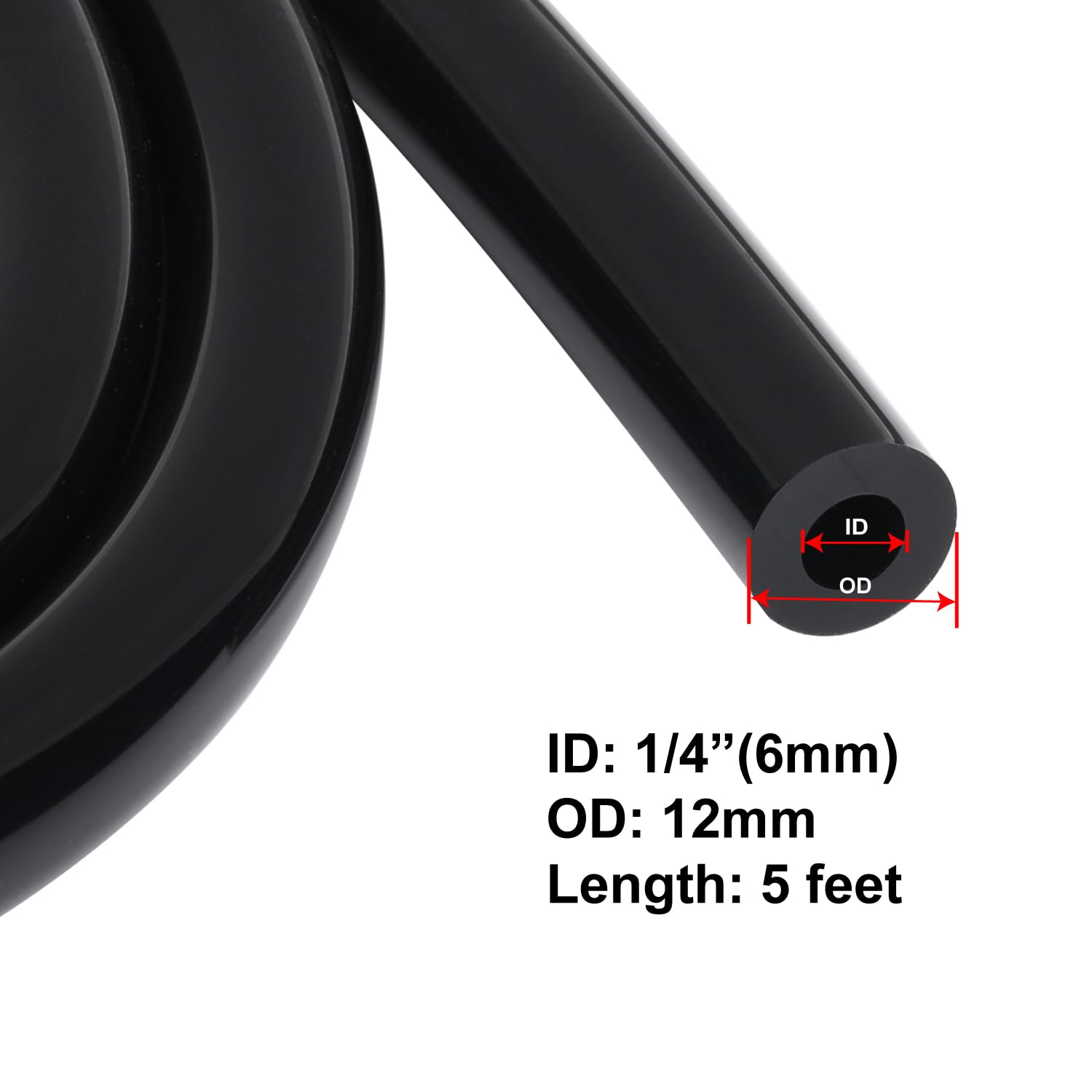 Podavelle 1/4'' 6mm ID Silicone Vacuum Hose Line Tubing 5FT Black 130 PSI Maximum Pressure