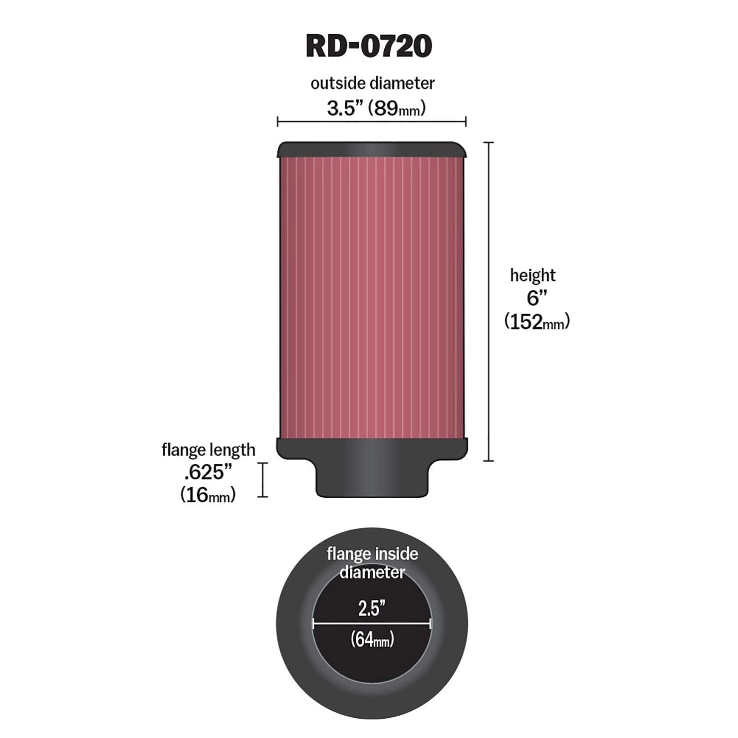 K&N High-Flow Original Lifetime Universal Clamp-On Air Filter: High Performance, Premium, Washable: Flange Diameter: 2.5 In, Filter Height: 6 In, Flange Length: 0.625 In, Shape: Round, Rd-0720