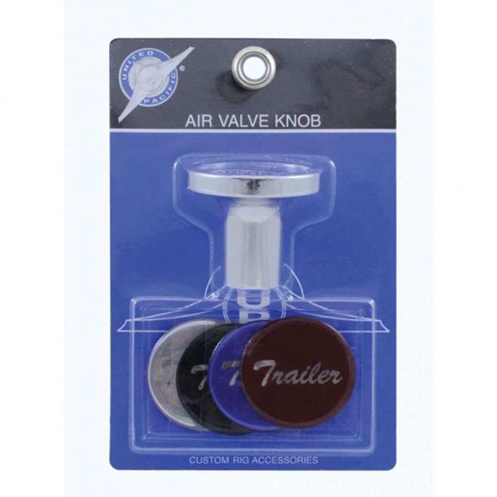 United Pacific 22992 Chrome Aluminum Screw-On Air Valve Knob w/Multiple Colored “Trailer” Script Glossy Sticker Inserts – 1 Knob & 4 Color Stickers