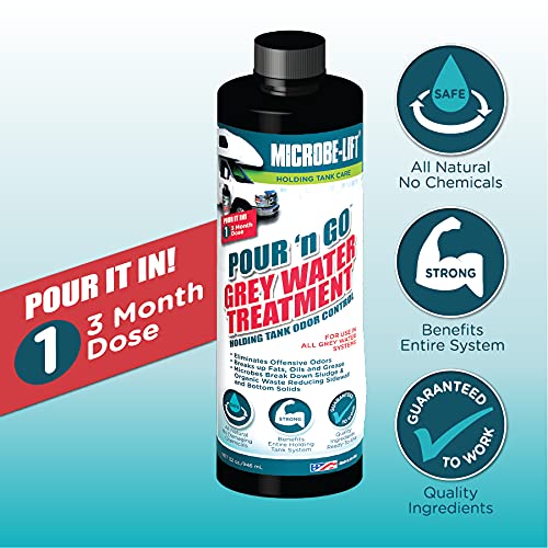 Microbe-Lift Pour N Go Rv Grey Water Holding Tank Treatment - 3 Month Supply - Dissolves Grease, Oils, Fats, Reduces Odors, 32 O
