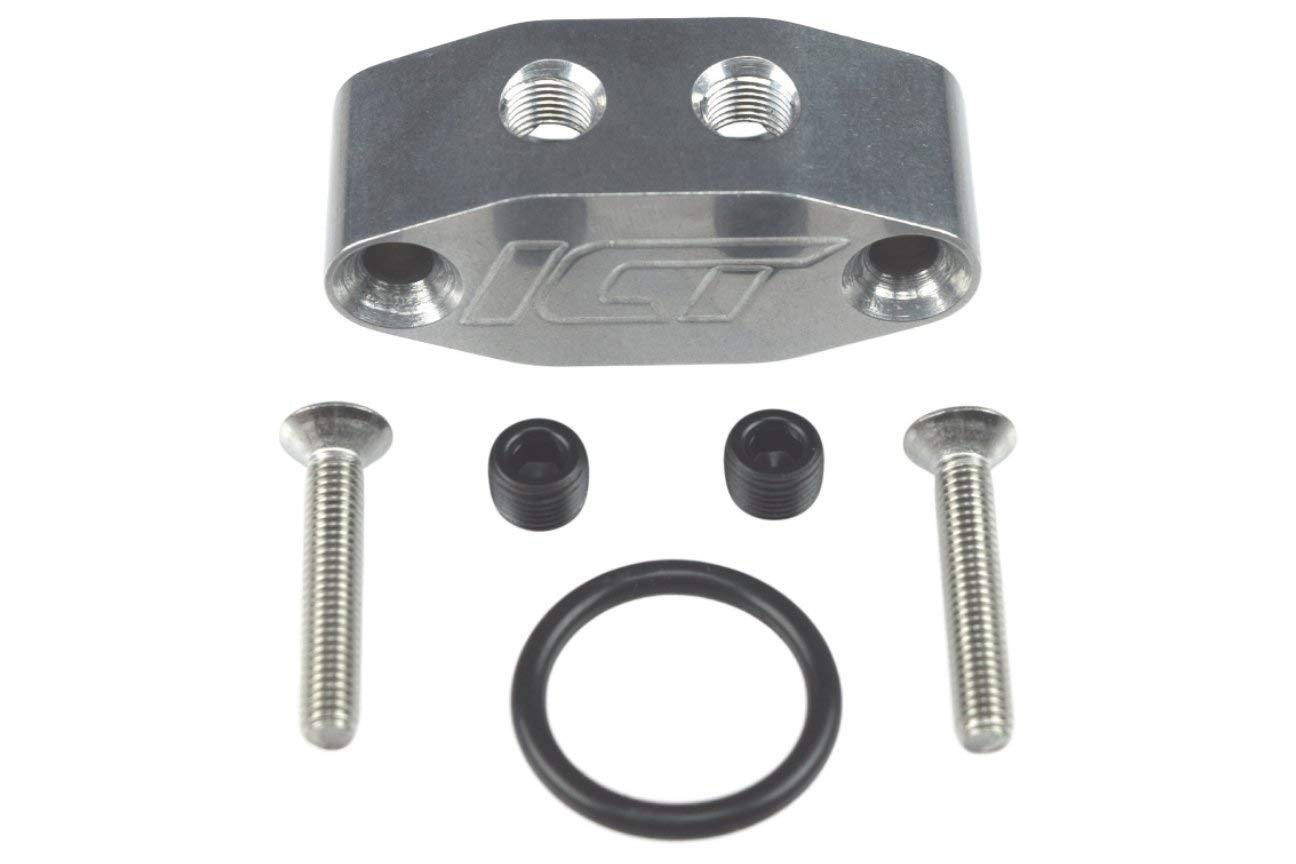 ICT Billet LS Twin Turbo Dual 90 Degree 1/8&quot; NPT Oil Feed LINE Adapter Plate LS1 LSX kit Port LS3 Right Angle Billet Plate Supply Pressure Sensor Cover 551533