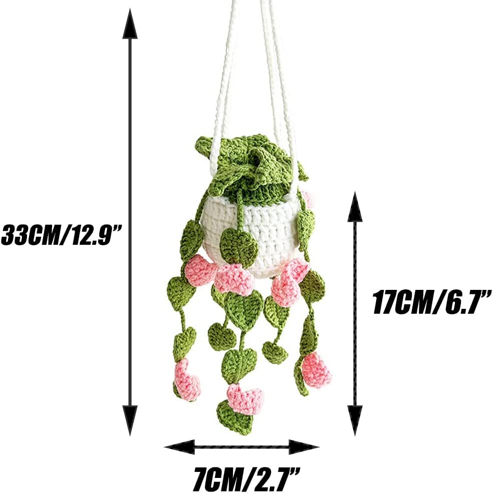 Crochet Hanging Plant For Car, Cute Car Plant Accessories, Knitted Plant Car Mirror Hanger, Boho Car Plant Crochet Hanging Basket (A)