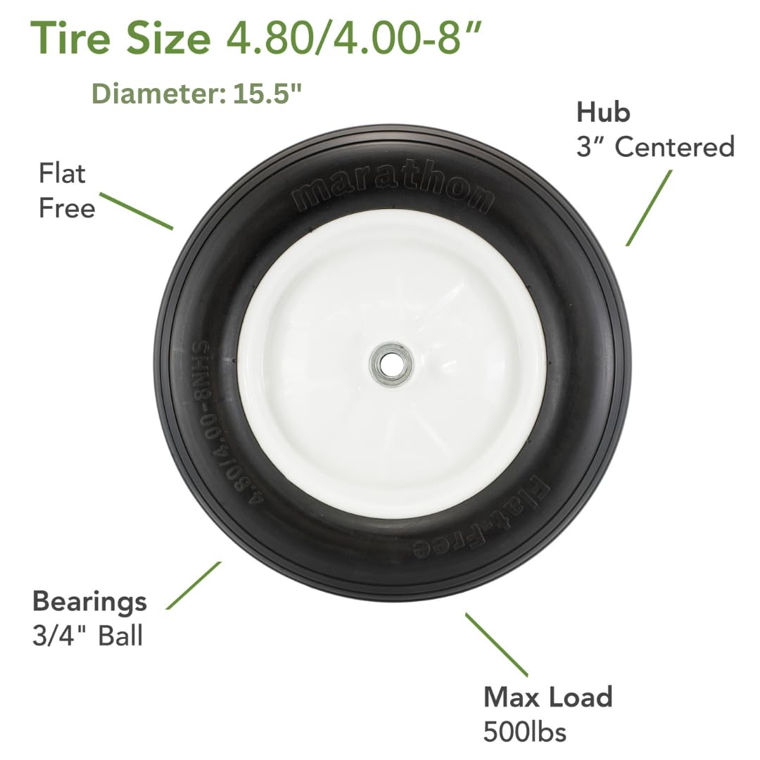 Marathon 4.80/4.00-8'' Flat Free Tire On Wheel, 3'' Hub, 3/4'' Bearings, Ribbed Tread