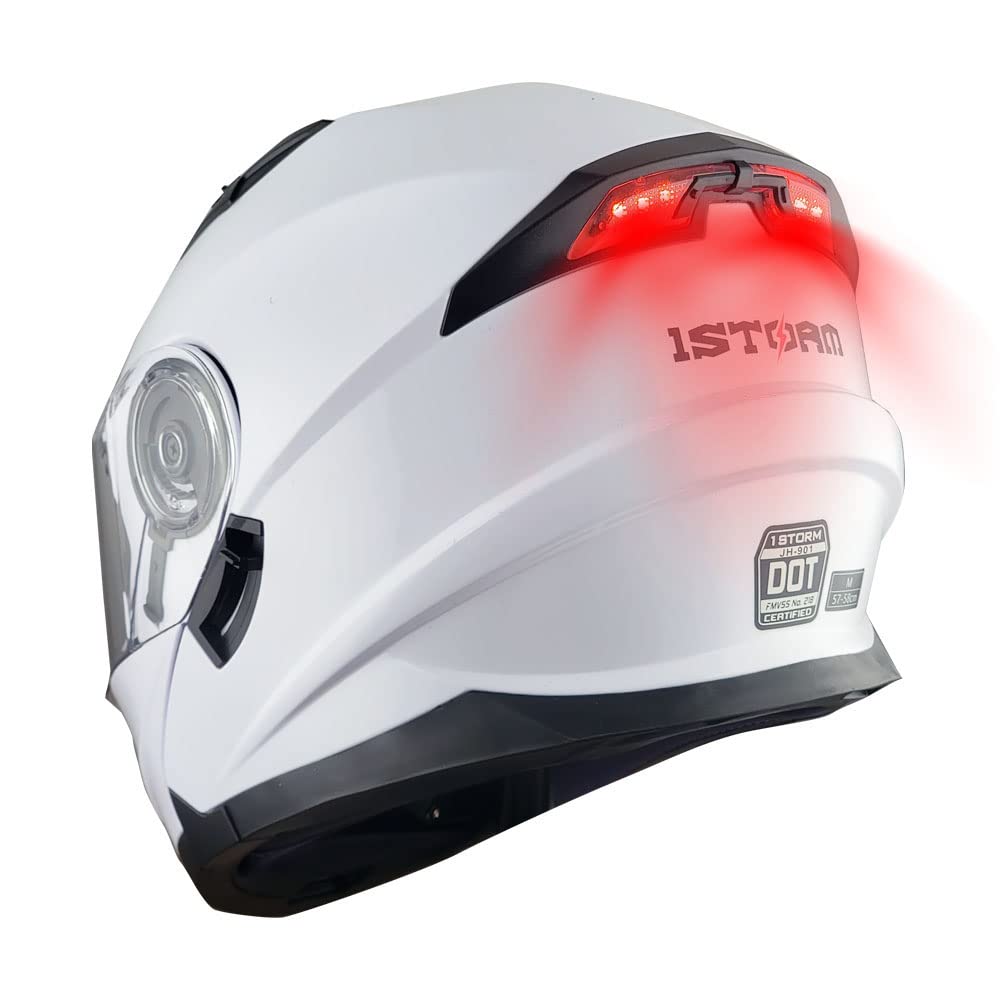 1Storm New Motorcycle Bike Modular Full Face Helmet Dual Visor Sun Shield With Rechargeable Led Tail Light: Glossy White