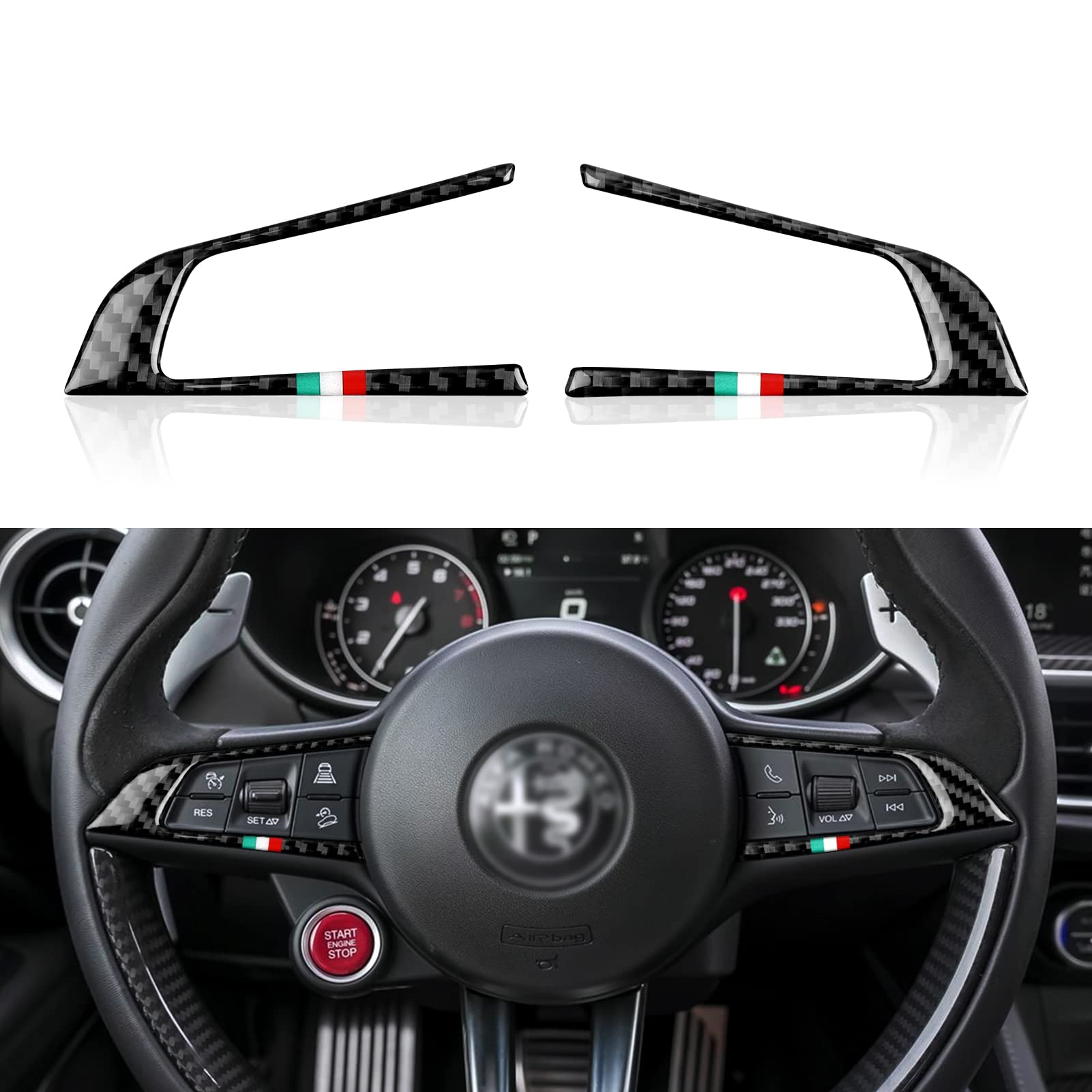 2Pcs Car Steering Trim Sticker Cover Carbon Fiber Decal Fits For Alfa Romeo Giulia Stelvio 2016 2017 2018 2019 Interior Accessories (Black)