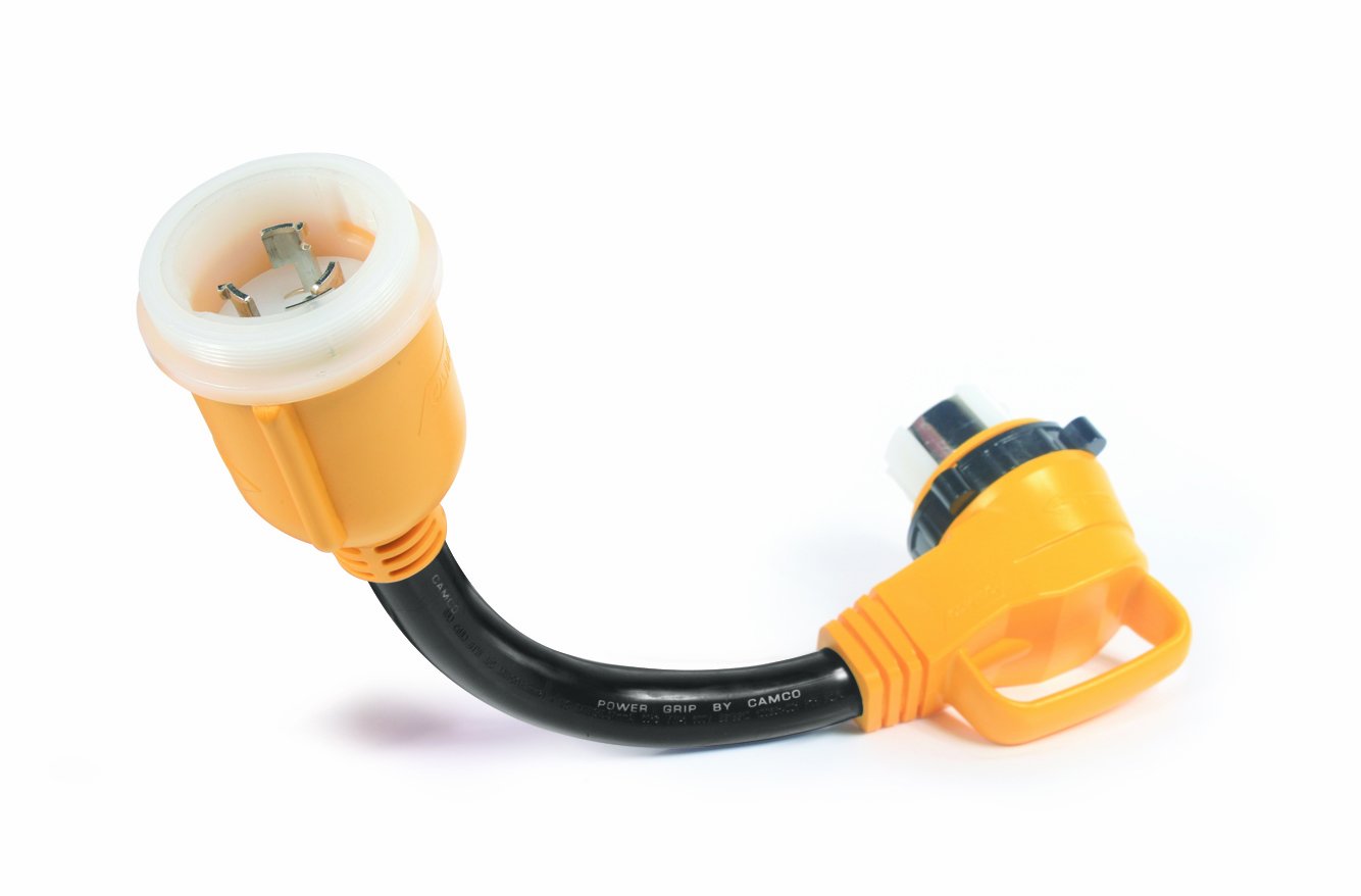 Camco Power Grip 18' Dogbone Extension Cord Adapter With 50-Amp Power Locking Male And 50-Amp 90-Degree Locking Female Ends For Electrical Connection