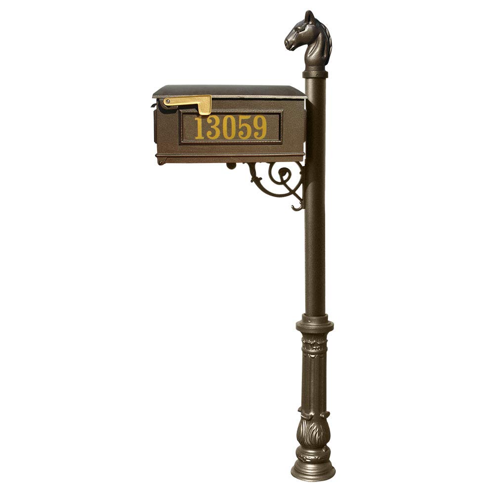 Lewiston Equine Mailbox Post System with Decorative Ornate Base, Horsehead Finial and Gold Vinyl Personalized Numbers, Bronze