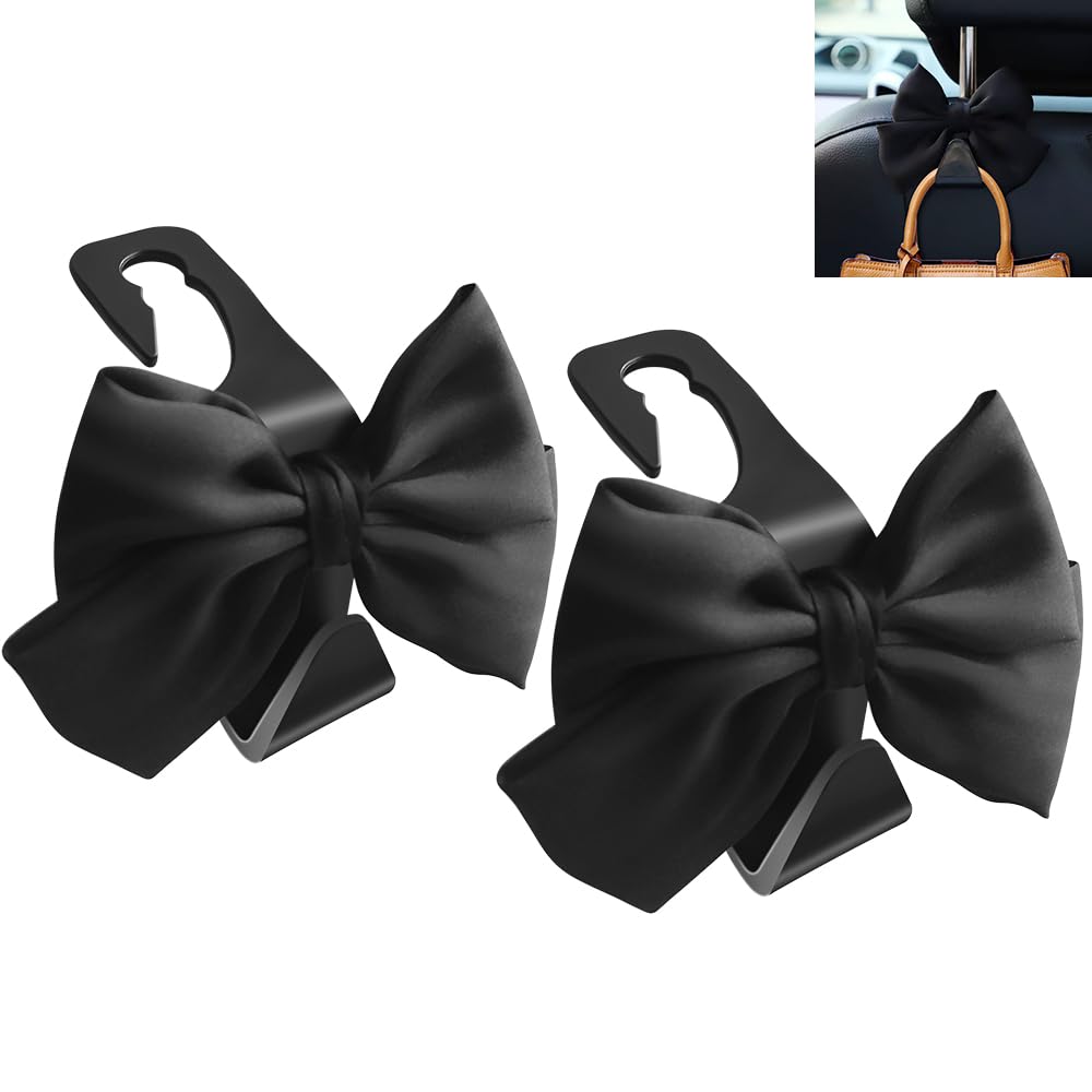 LIFOPY 2 Pack Car Purse Hooks, Cute Bow Car Seat Headrest Hook Hanger for Purses and Bags, Space-Saving Car Accessory (Black sil