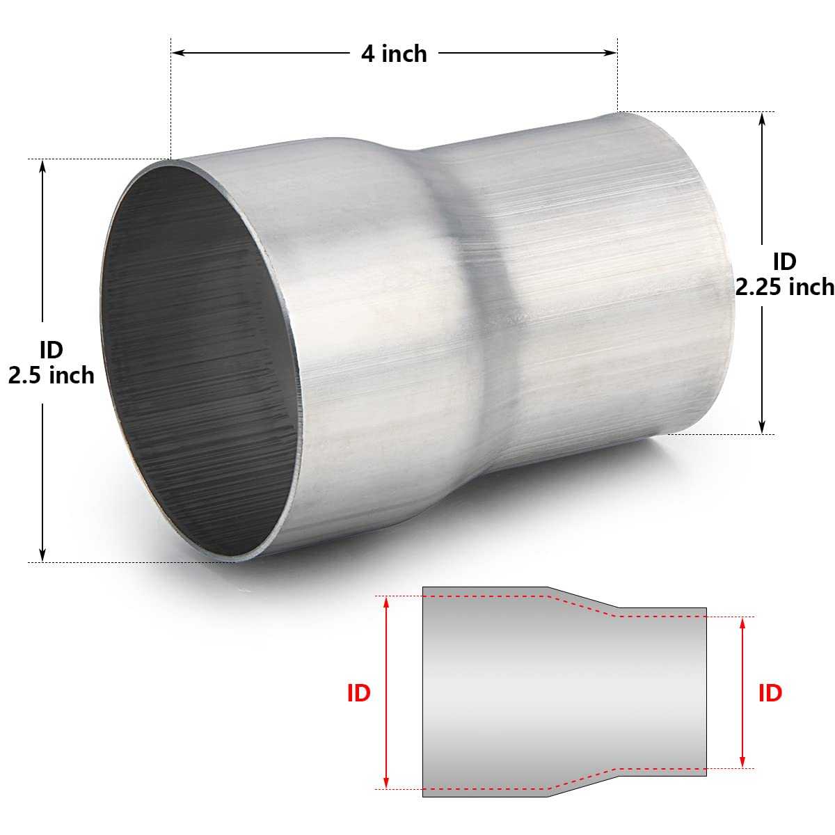 A-Karck Exhaust Adapter Connector 2.25' Id To 2.5' Id, Exhaust Pipe Reducer 4' Overall Length 304 Stainless Steel