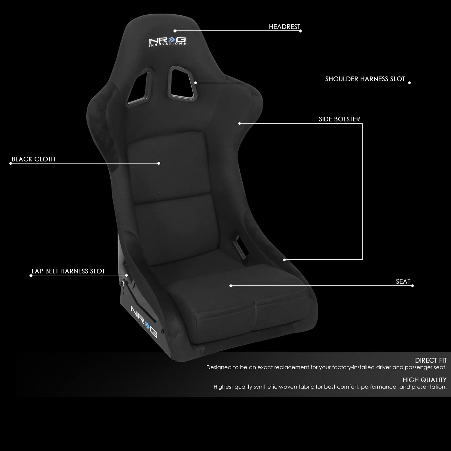Nrg Innovations Nrg-Frp-310E Fiber Glass Fixed Back Bucket Racing Seat (Medium), 4 Pt Harness Compatibility, Black Seat Cover, 2