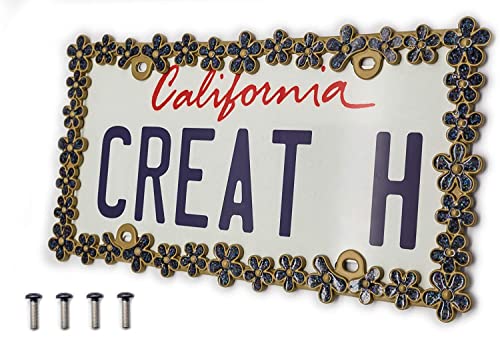 Creathome 3D Shining Daisy Wrenth License Plate Frame From Pure Zinc Alloy Metal Perfect Plate Holder,Matt Gold With Black Glitt