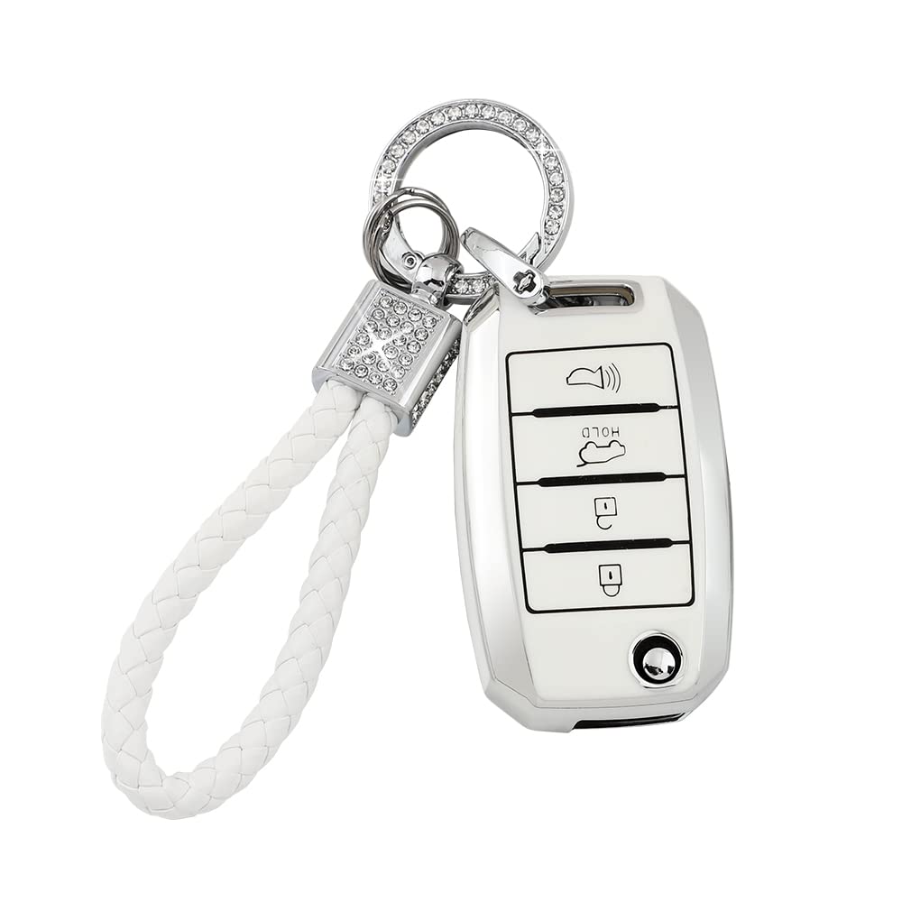 Pifoog For Kia Key Fob Cover Tpu White Silver 4 Buttons Keys Case Shell Protector Bling Keychain For Kia Sorento Optima Soul Spo