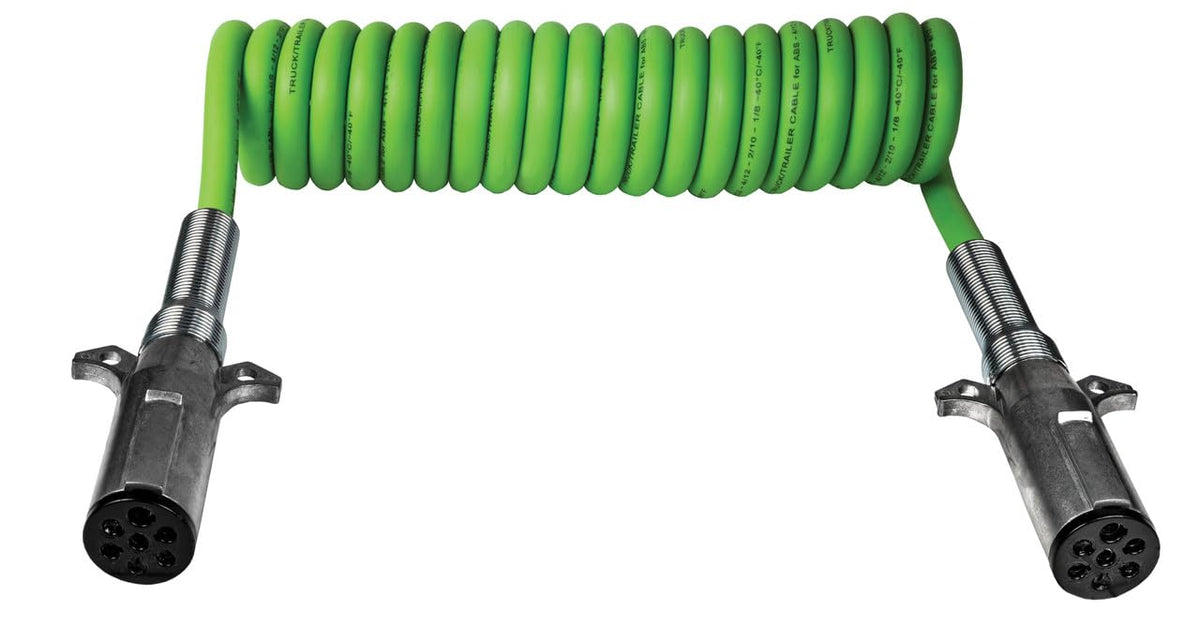 Tectran V-Line Abs Duty Powercoil | Trailer Electrical Power Cord | 4/12-2/10-1/8 Gauge | 12' Trailer Lead | Spring Guards | Die-Cast Plugs | Lime Green | (15' Length X 12' Tractor Lead)