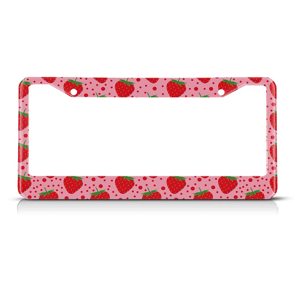 Beabes Cute Strawberry Pattern Fruit Pink License Plate Holder Polka Dots Red Frame License Plate Cover Car Accessories 2 Holes 