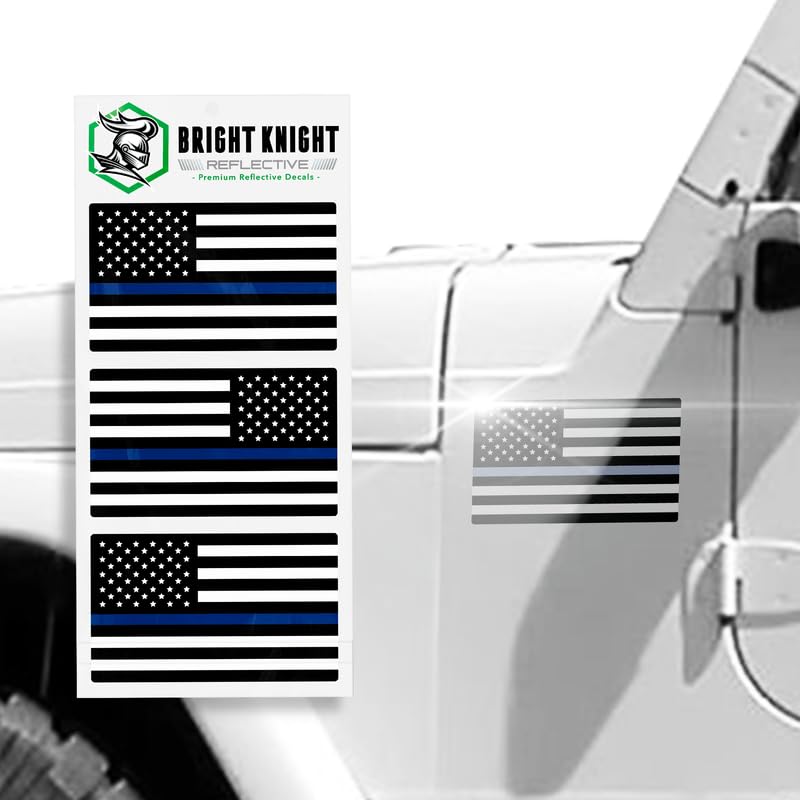 Bright Knight Reflective Flag Sticker, 3'' X 5.75'' Blueline American Flag Sticker Mirrored 3 Pack With Retro-Reflective Vinyl,