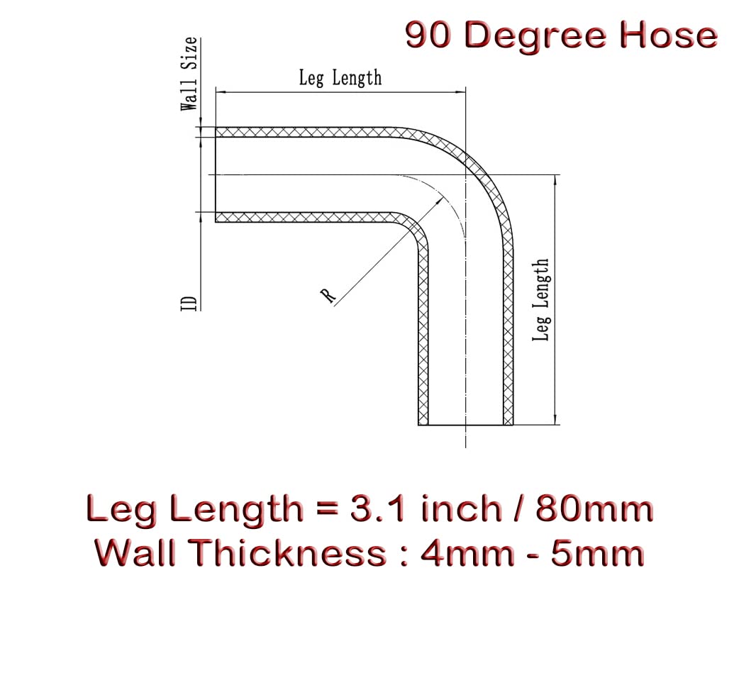 Autobahn88 Automotive Silicone Hose Bend, 90-Deg Elbow Coupler, ID=1'' (25mm), Leg Length 3.13'' (80mm), Wall Thickness= 0.16''