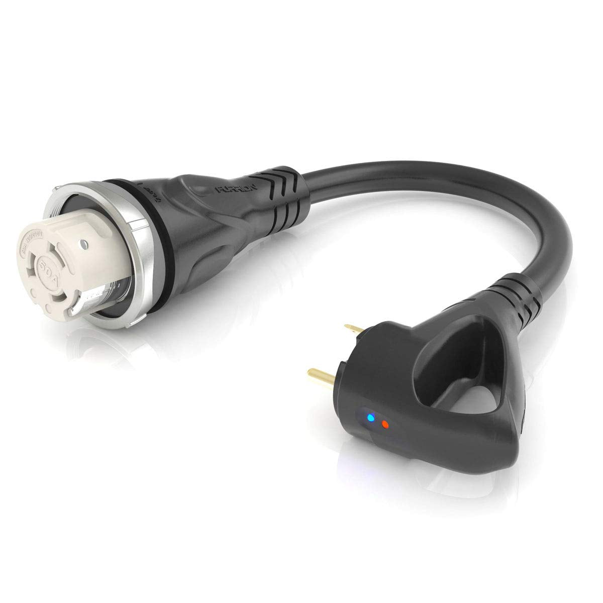 Furrion Rv Pigtail Adapter - 50 Amp Female Connector To 30 Amp Male (Black) With Pullsmart & Powersmart Technology - Fp5030R-Sb