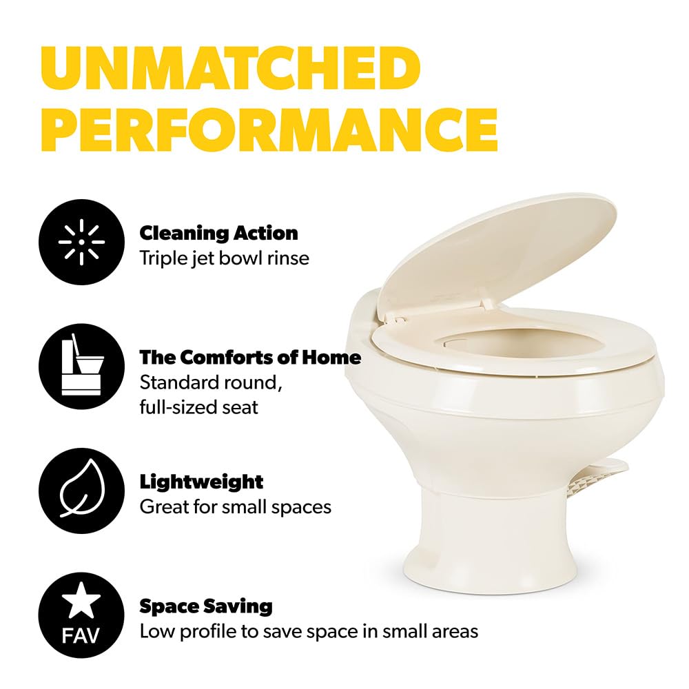 Dometic 301 Toilet Low Profile 13.5'' Height- Bone, 301-Ss/Rt/Bone, Full Size Residential Style, Clean And Watertight Triple Jet