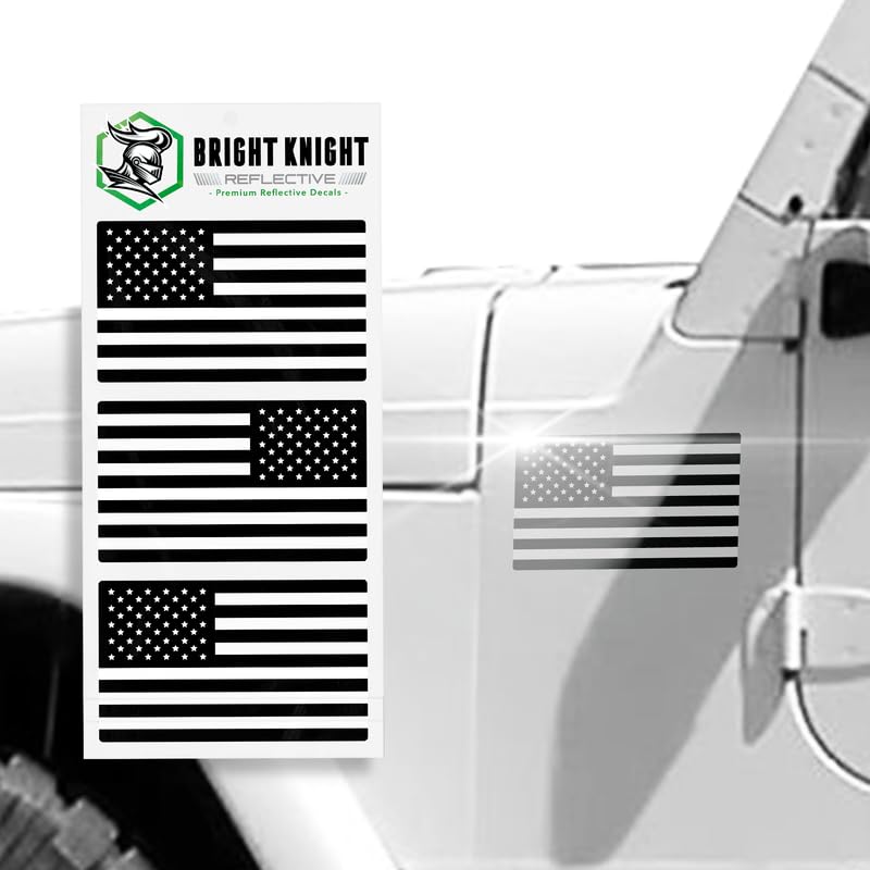Bright Knight Reflective Flag Sticker, 3'' X 5.75'' Black American Flag Sticker Mirrored 3 Pack With Retro-Reflective Vinyl, Mad