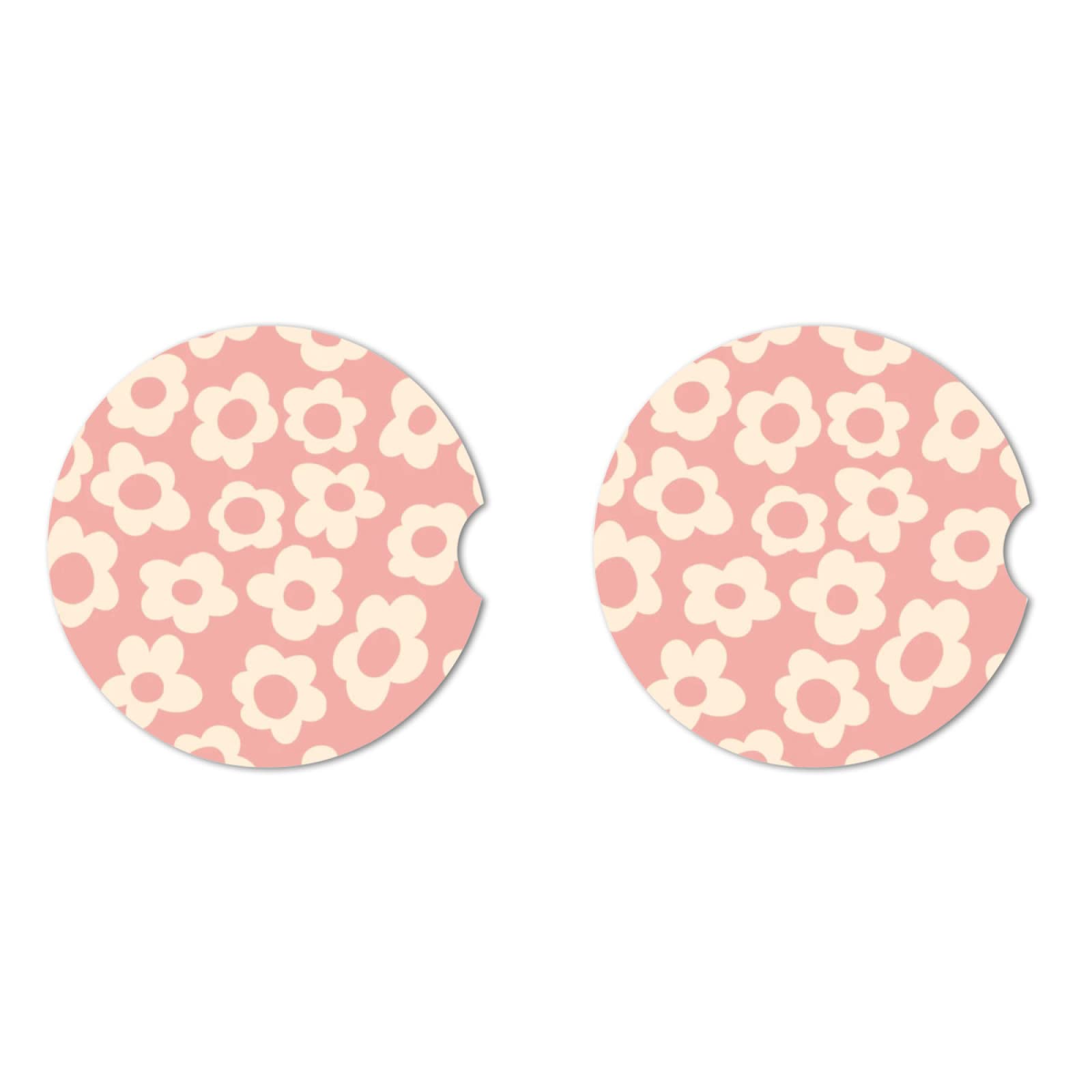Abstract Pink Flower Absorbent Car Cup Coasters,Cup Holders,Cork Base Drink Coasters With Finger Notch For Easy Move Of Car Cup