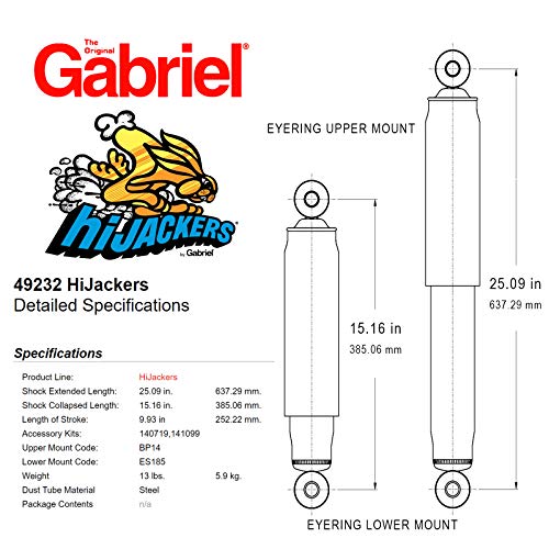Gabriel 49232 Hijackers Rear Adjustable Air Shock Absorbers Fits 95-01 Ford Explorer; 01-05 Ford Explorer Sport Trac; 97-01 Merc