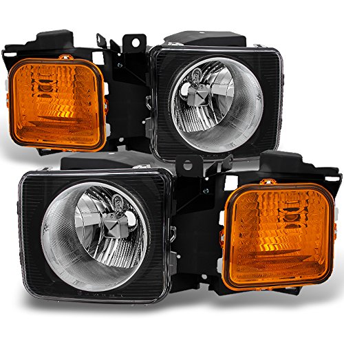 Akkon - For Hummer H3 | H3T Black Amber Headlights Head Lamps Driver Left + Passenger Right Side Replacement Set