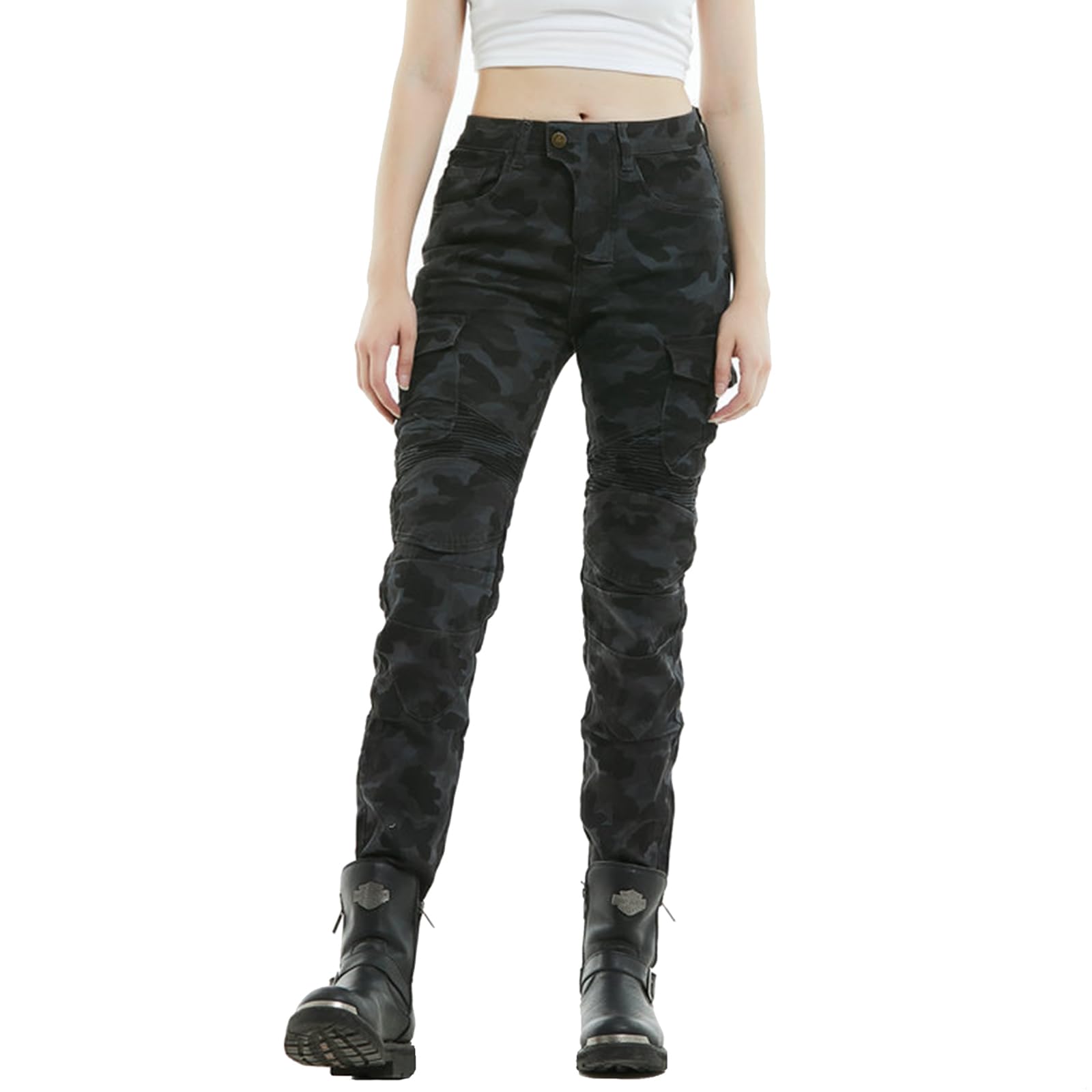 LOMENG Motorcycle Riding Pants Motorcycle Jeans Slim Fit with CE Knee Hip Removable Protectors Armor for Women Blue Camouflage L