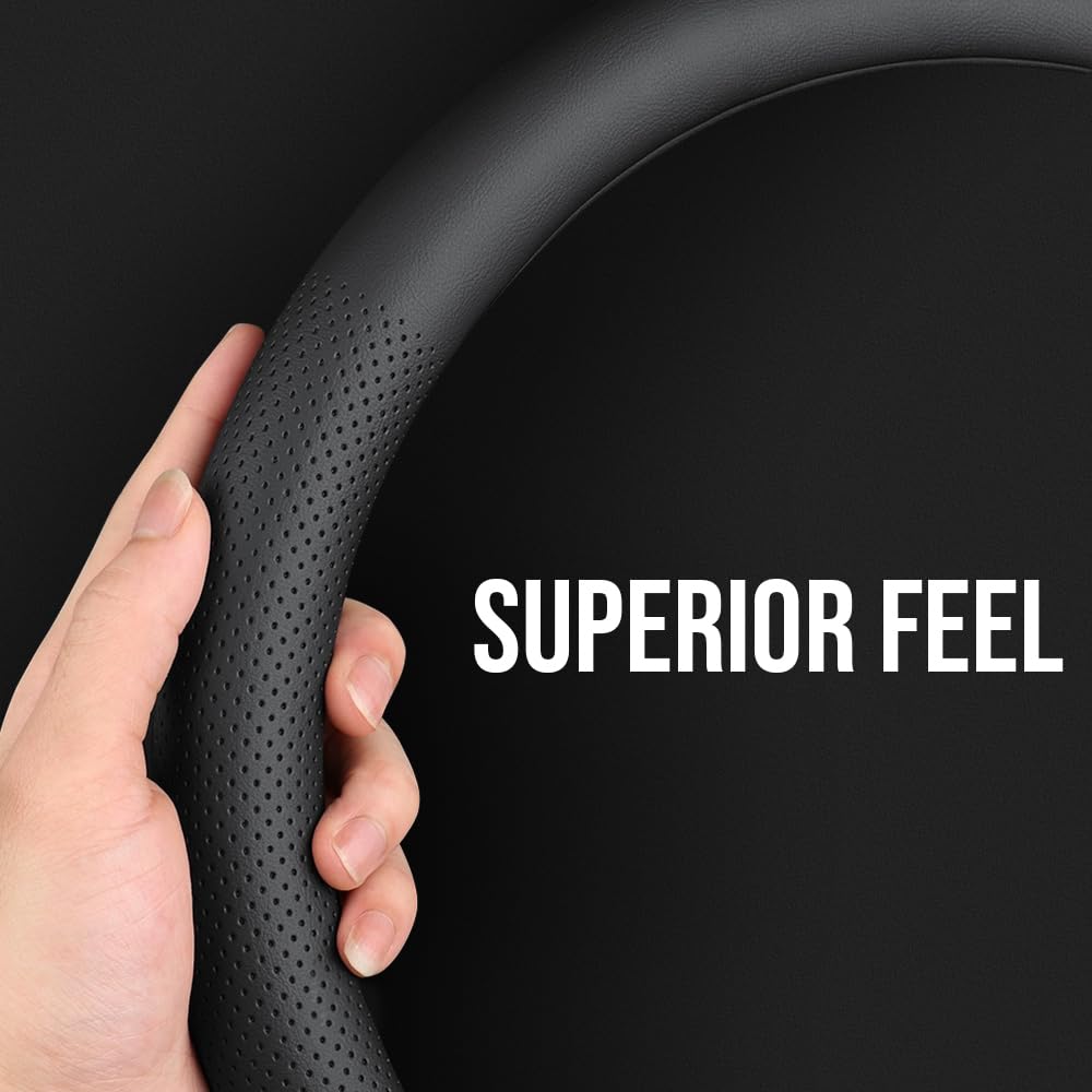 Carodi Leather Car Steering Wheel Cover, Ultra-Thin, Comfortable, Non-Slip, Breathable, Universal 15 Inches (Black)