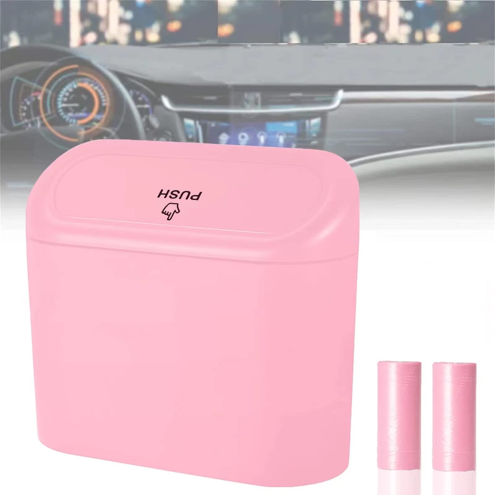 Tulsondai Car Trash Can, Mini Trunk Push Hanging Portable Car Bin With Automatic Hook And Disposable Trash Bag For Car, Home, Office. (Car Trash Can Pink)