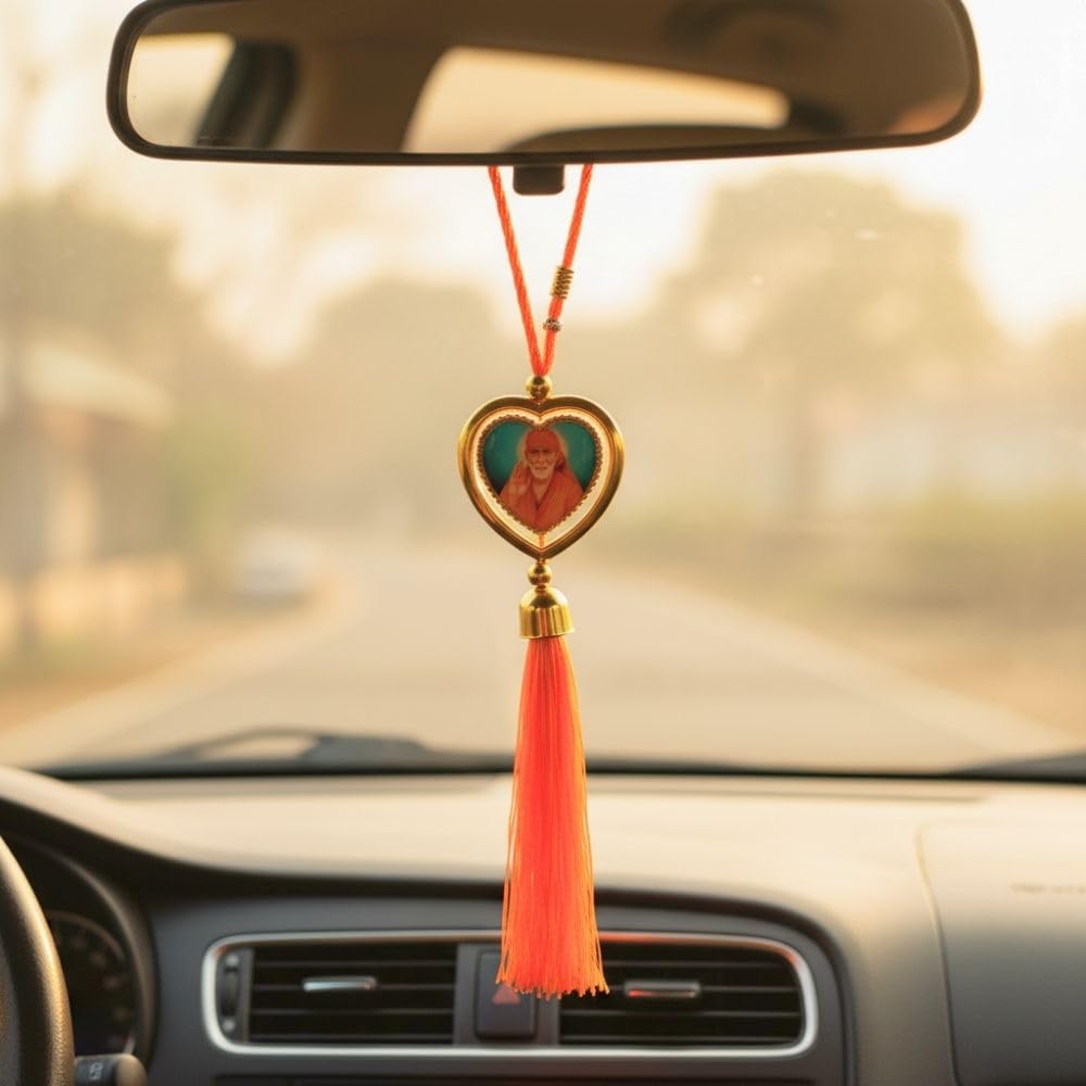 Wheelyfine Sai Baba Car Hanging Pendant With Tassel - Heart Shape Rear View Mirror Hanging Decor - Religious Car Dashboard Ornam