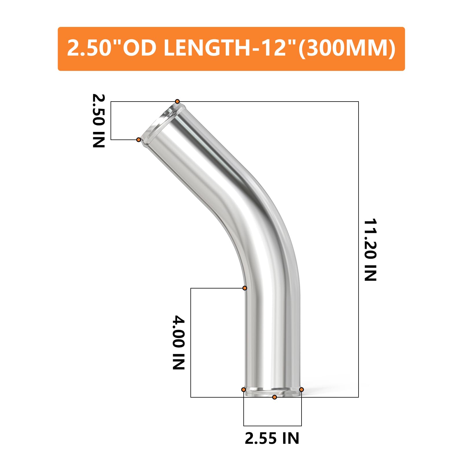 Gasher 1Pcs 45 Degree Elbow Aluminum Alloy Tube 2.5''Od, Leg Length 12'' (300Mm) With Bead Roll, Intercooler Pipe For Intake And