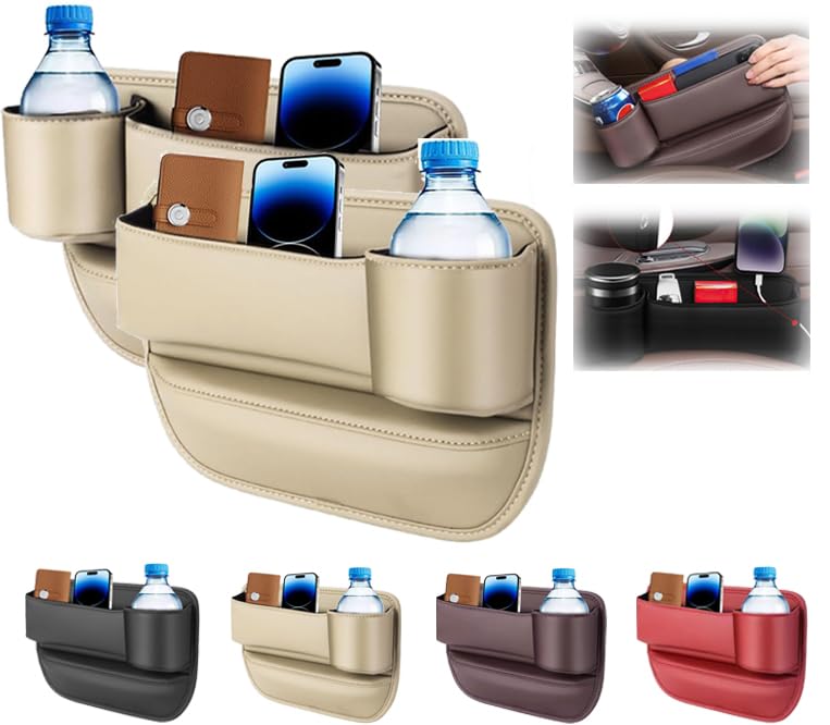 2 Pack Car Leather Cup Holder Gap Bag, Car Seat Gap Filler Organizer with Water Cup Holder and Phone Charging Hole, Adjustable L