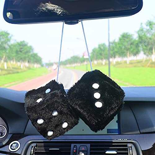 Pair 3    Black With White Dots Mirror Fuzzy Plush Dice, Black And White Soft Plush Car Decorative Hanging Ornament.